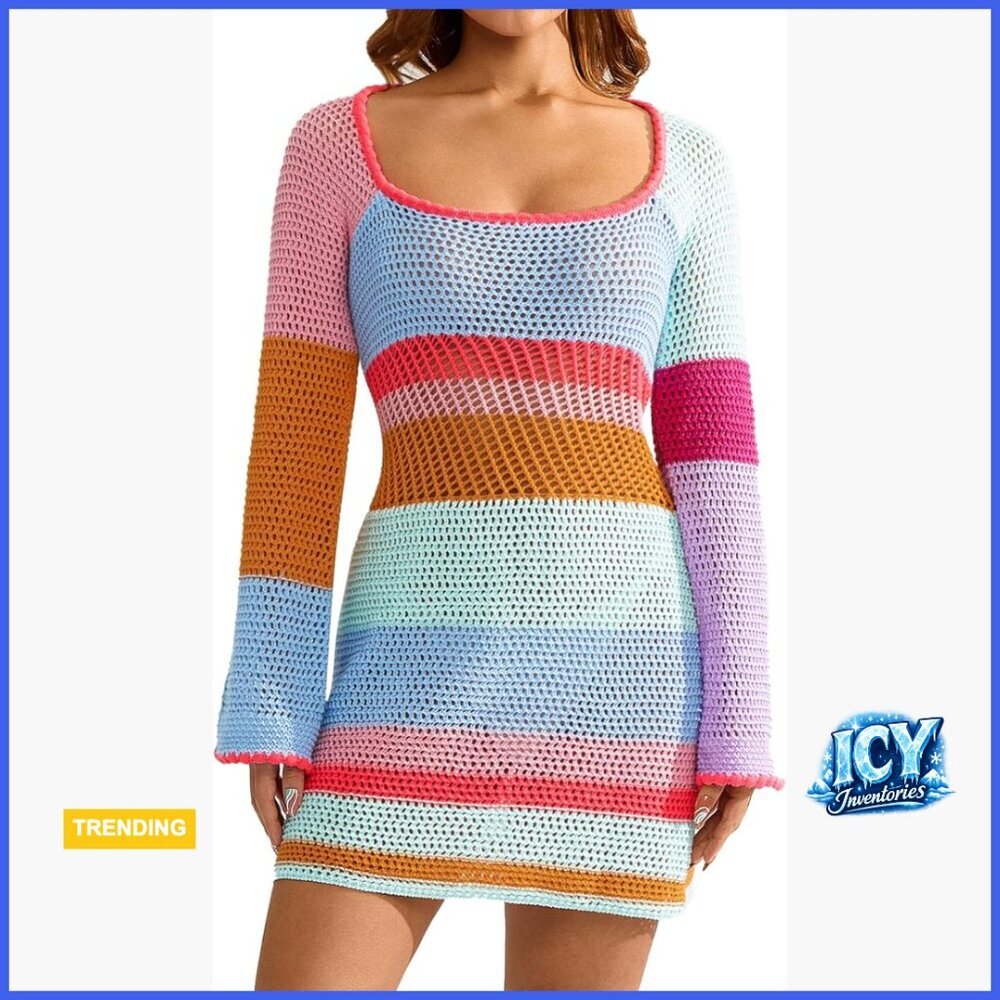 Crochet Knit Mini Dress Long Sleeve Mesh Cover Up Casual Sweater Dress